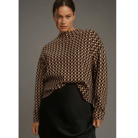 Anthropologie Maeve Carys Mock Neck Sweater Size 3X Tan Black Hearts Oversized - Picture 1 of 9
